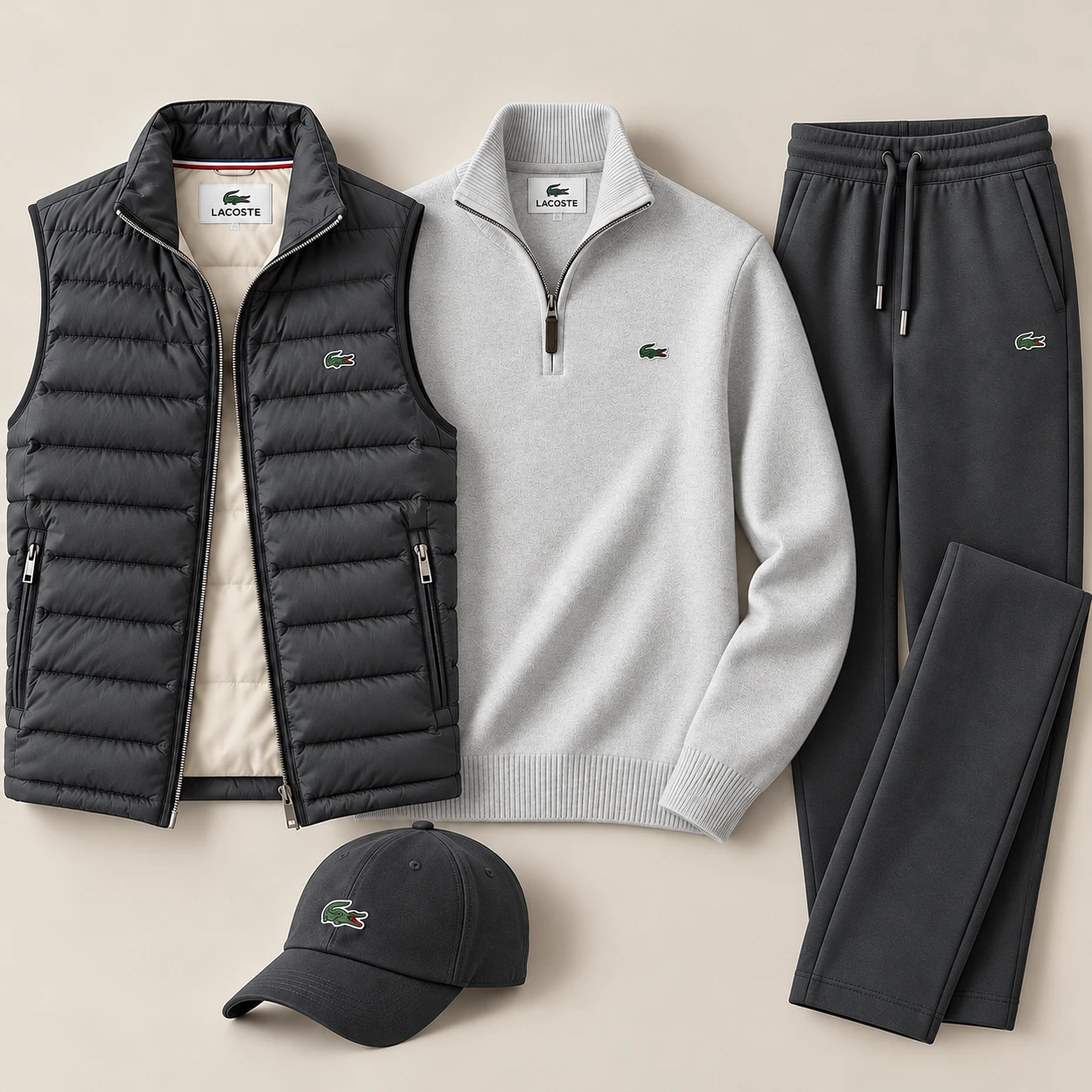 4-Piece Puffer Vest & Knit Tracksuit Set – Charcoal Grey