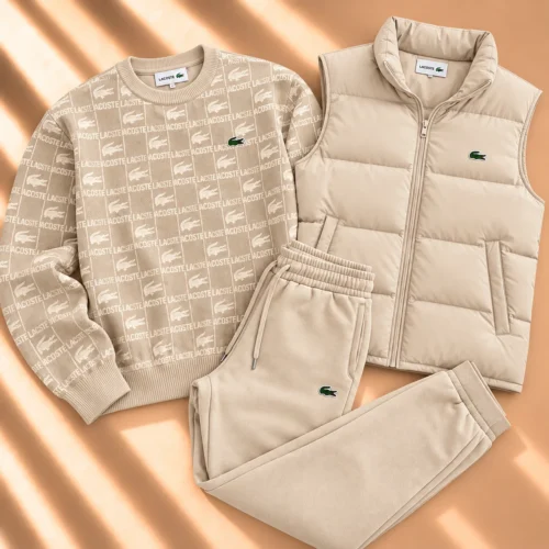 3-Piece Monogram Sweatshirt & Puffer Vest Tracksuit Set – Beige 3-Piece Monogram Sweatshirt & Puffer Vest Tracksuit Set – Beige
