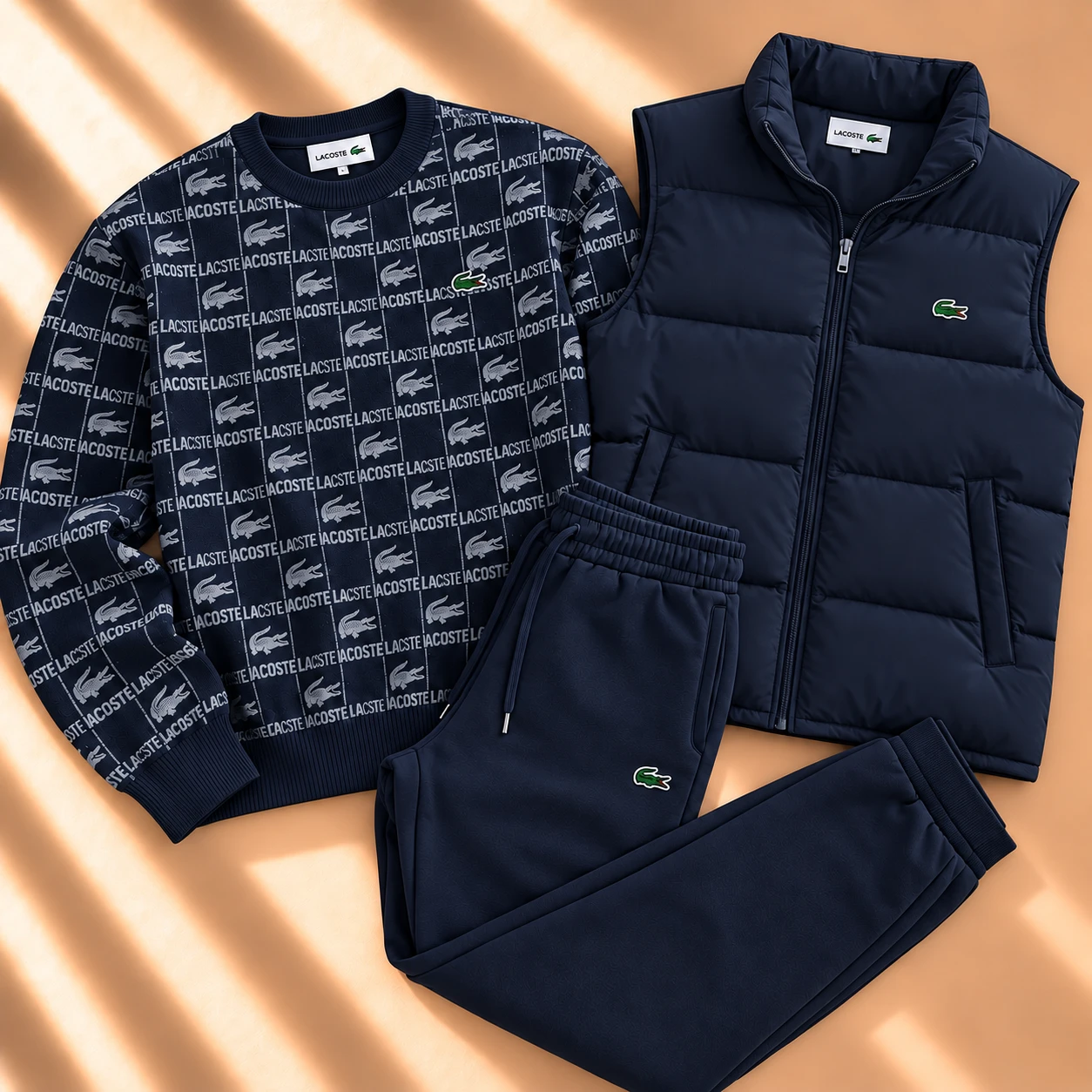 3-Piece Monogram Sweatshirt & Puffer Vest Tracksuit Set – Navy