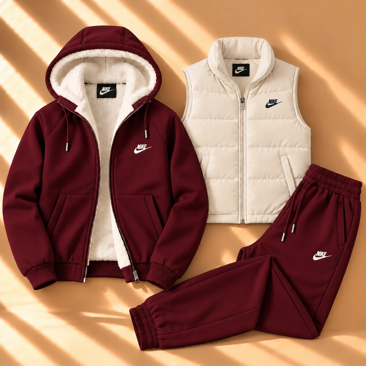 3-Piece Sherpa-Lined Hoodie & Puffer Vest Tracksuit Set – Burgundy