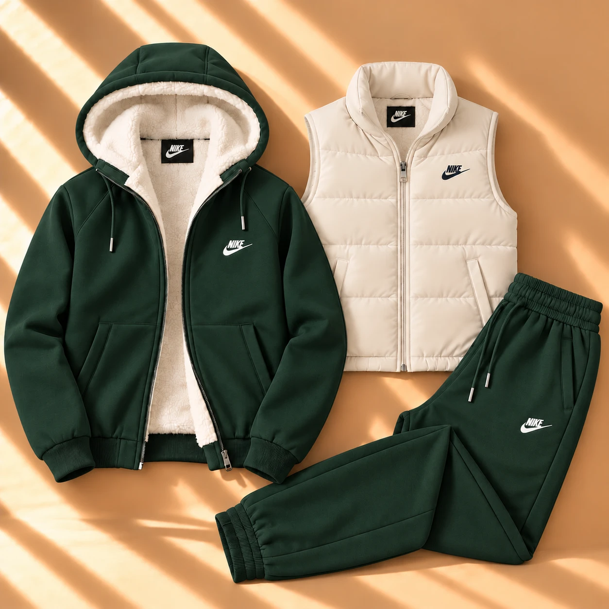 3-Piece Sherpa-Lined Hoodie & Puffer Vest Tracksuit Set – Forest Green