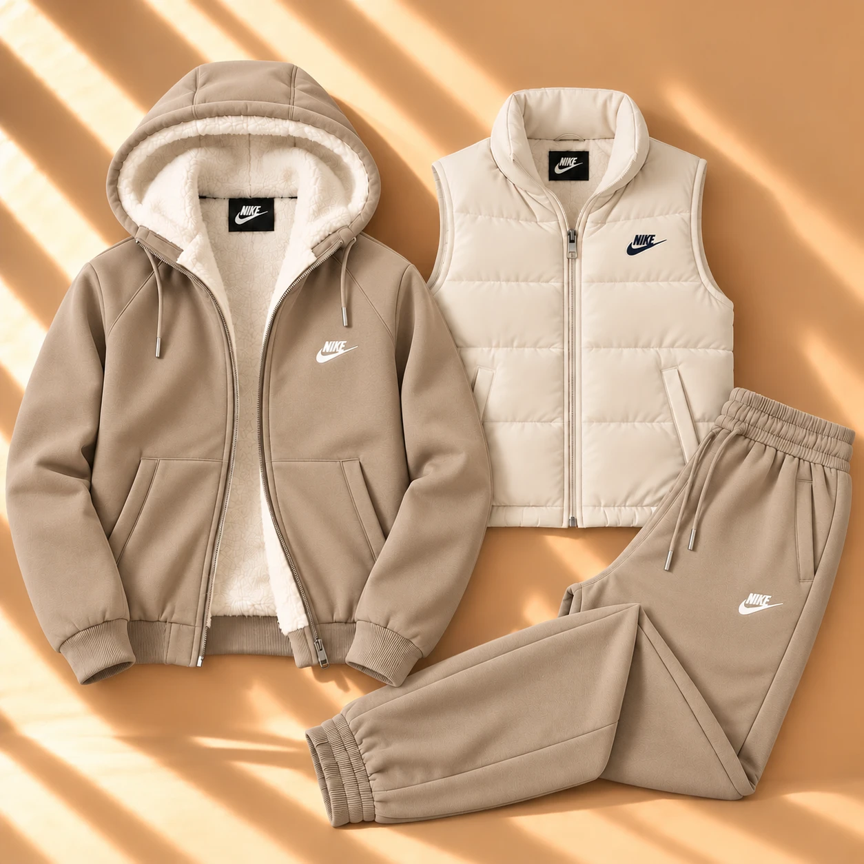 3-Piece Sherpa-Lined Hoodie & Puffer Vest Tracksuit Set – Taupe