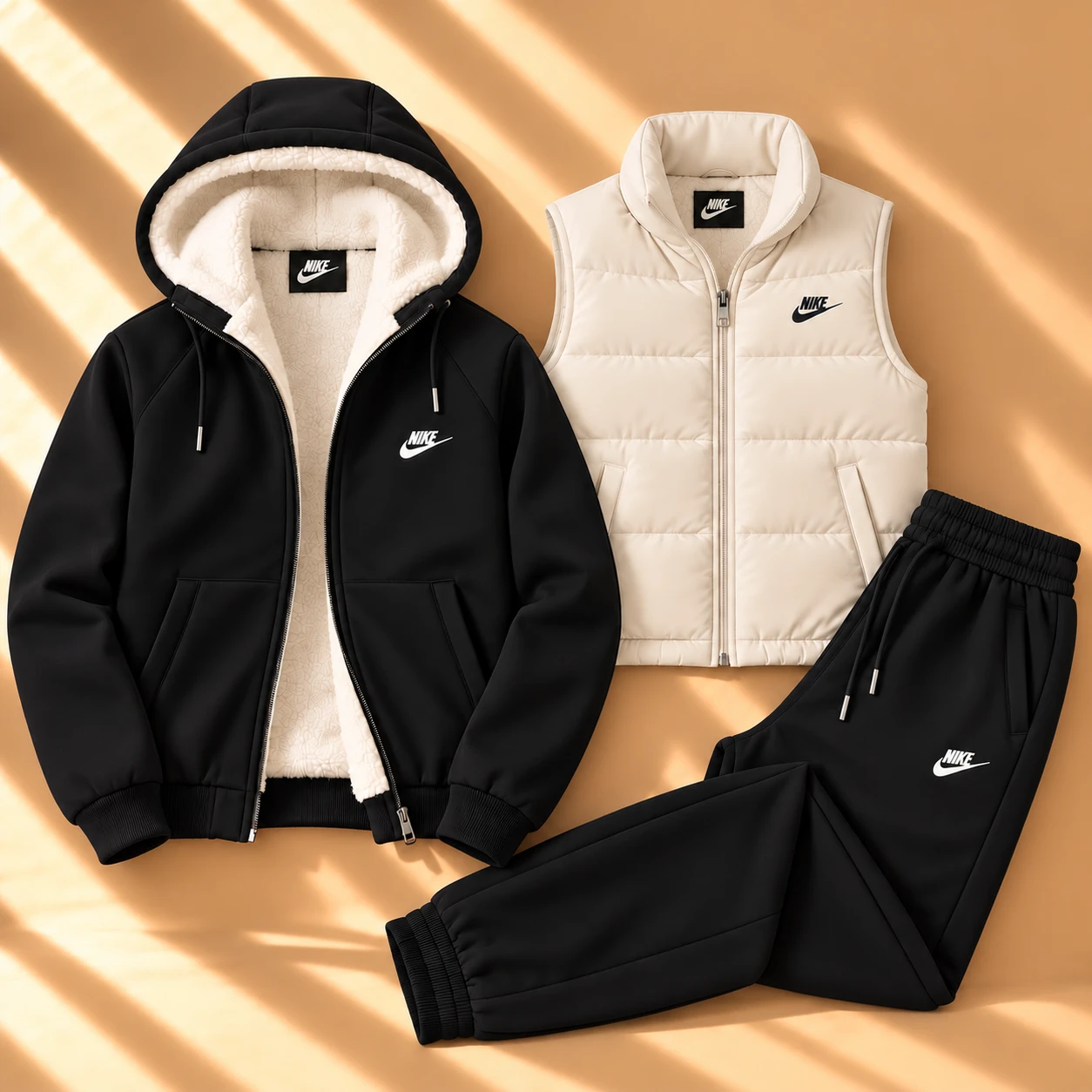 3-Piece Sherpa-Lined Hoodie & Puffer Vest Tracksuit Set – Black
