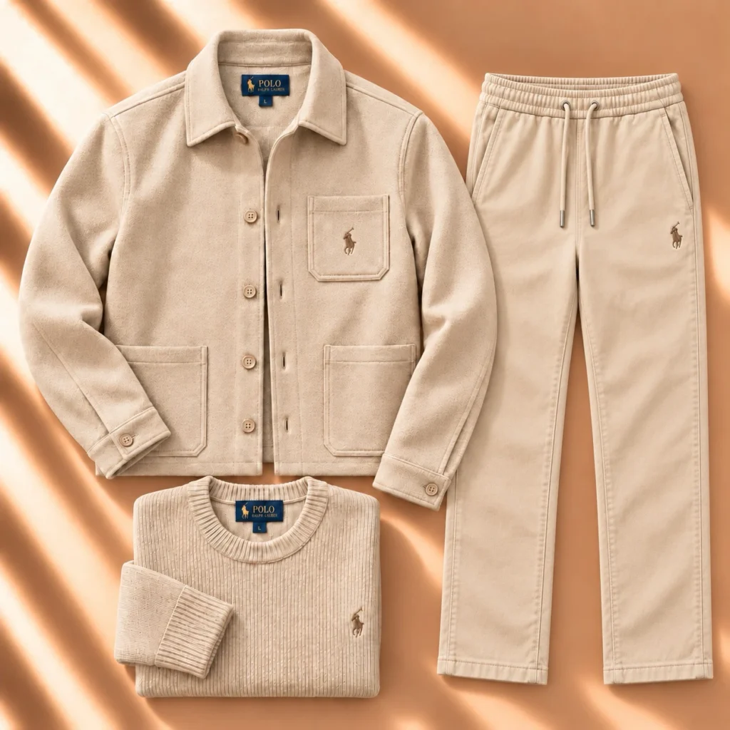 3-Piece Textured Jacket & Knit Tracksuit Set – Cream