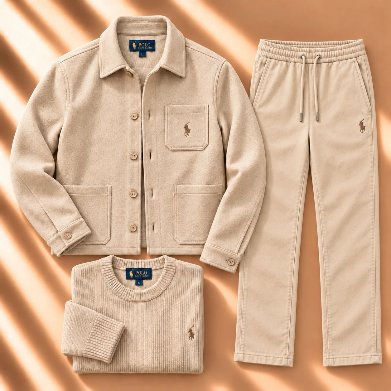 3-Piece Textured Jacket & Knit Tracksuit Set – Cream