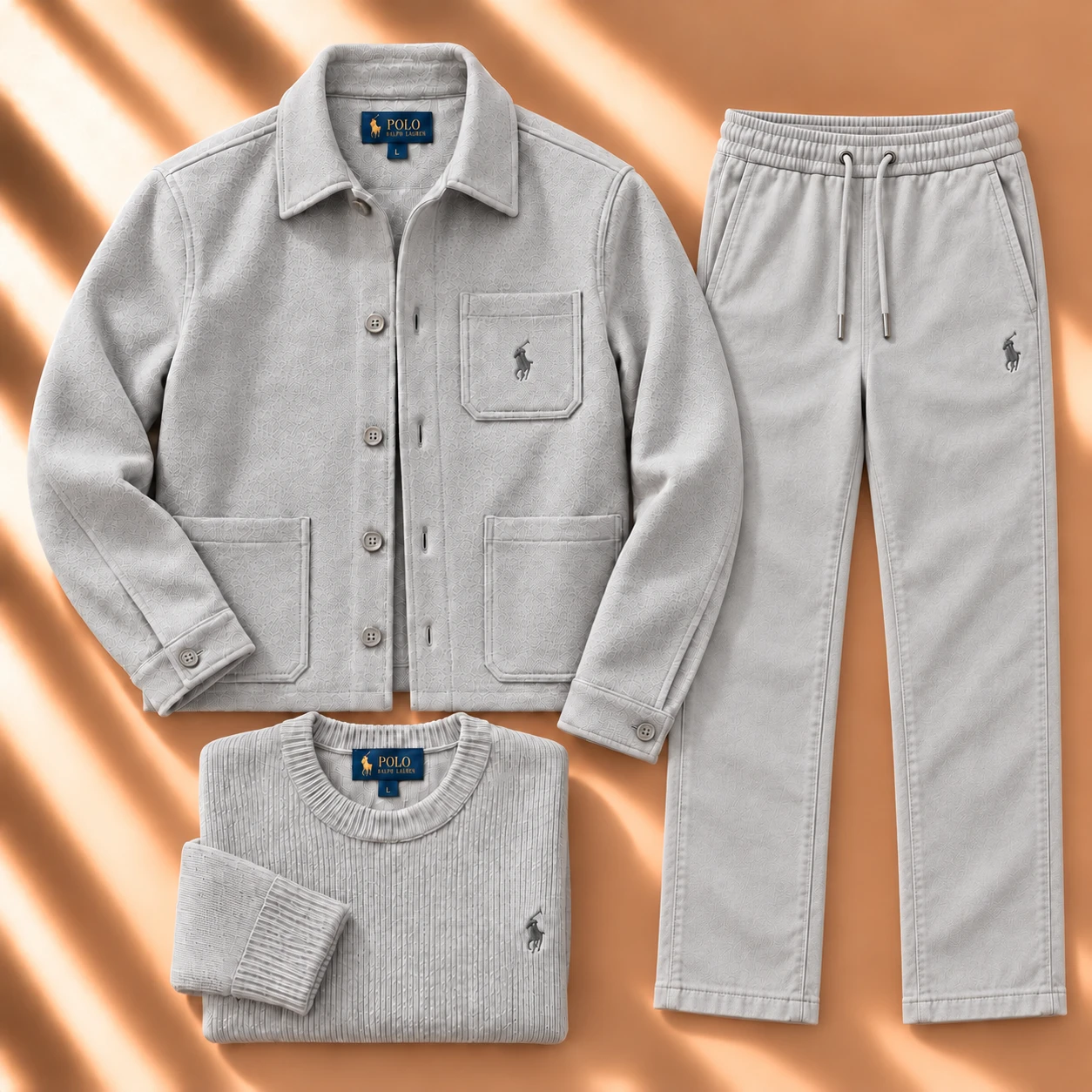 3-Piece Textured Jacket & Knit Tracksuit Set – Light Grey