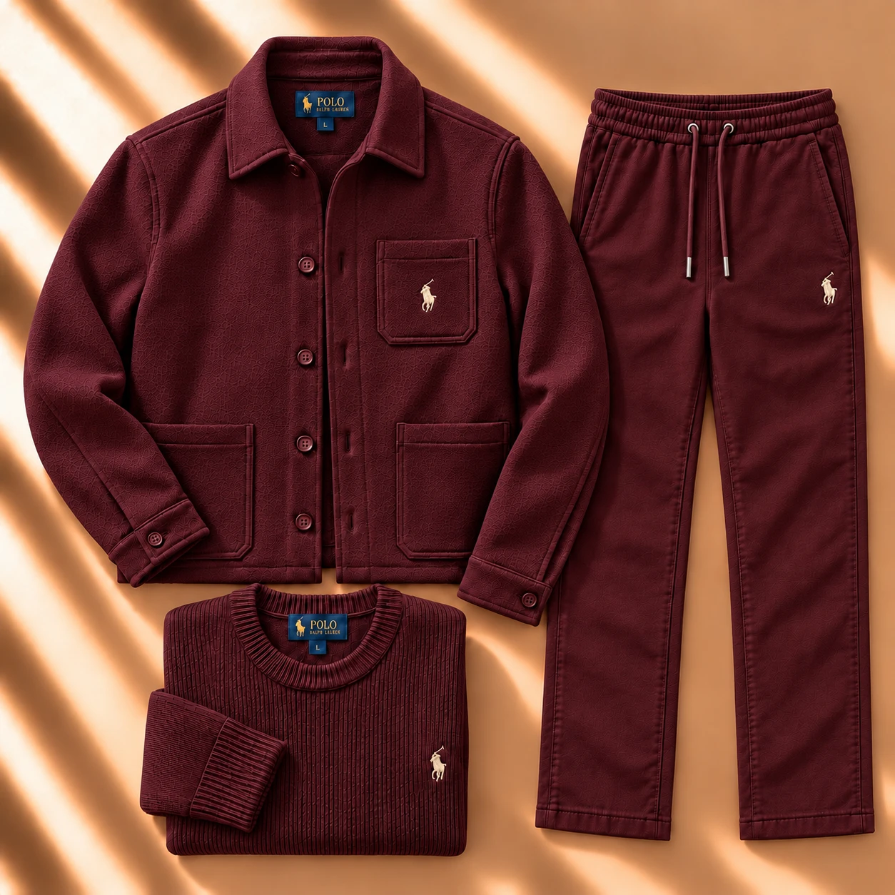 3-Piece Textured Jacket & Knit Tracksuit Set – Burgundy