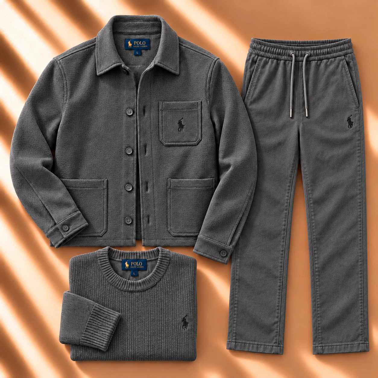 3-Piece Textured Jacket & Knit Tracksuit Set – Charcoal Grey