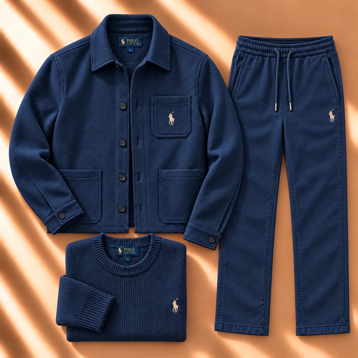 3-Piece Textured Jacket & Knit Tracksuit Set – Navy