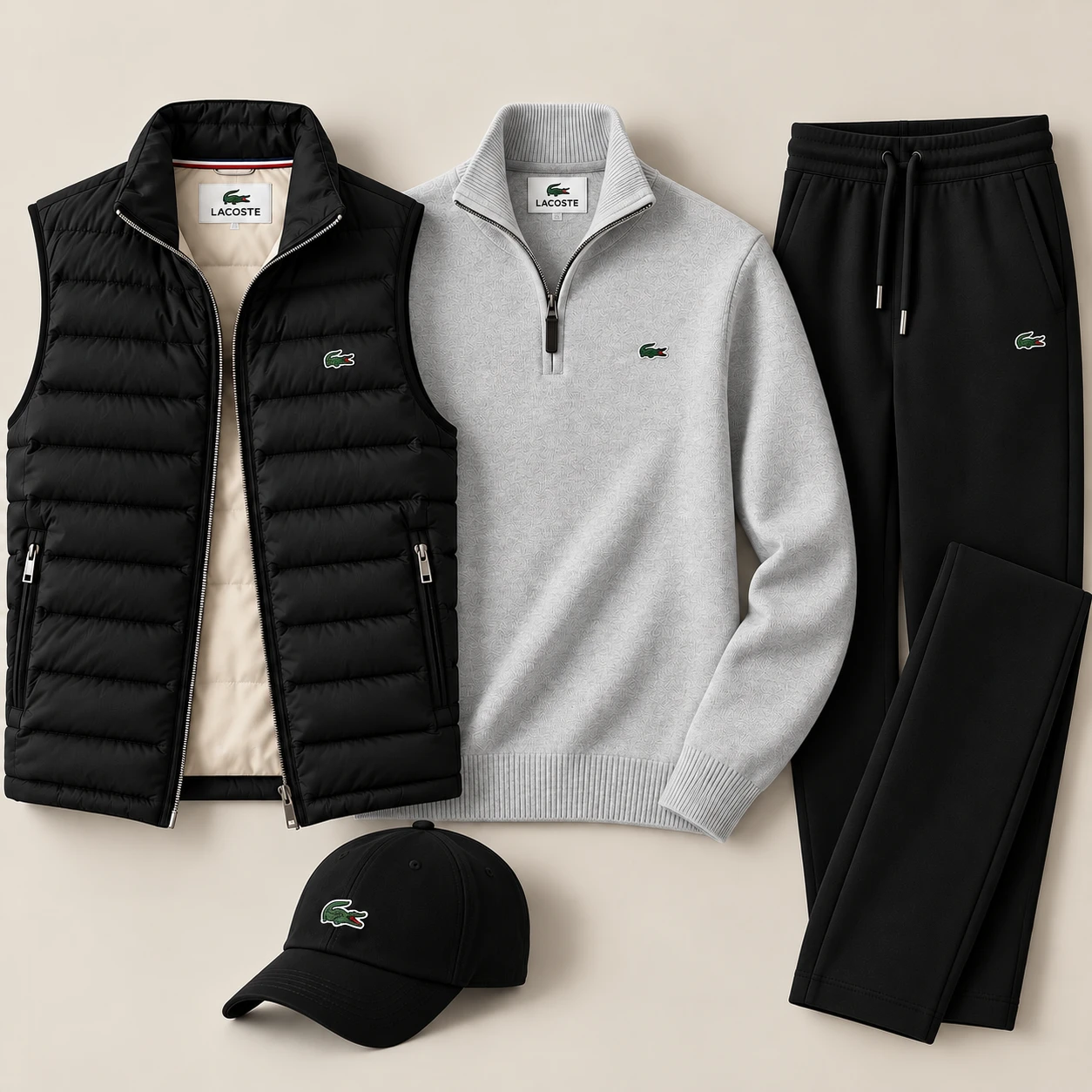 4-Piece Puffer Vest & Knit Tracksuit Set – Black