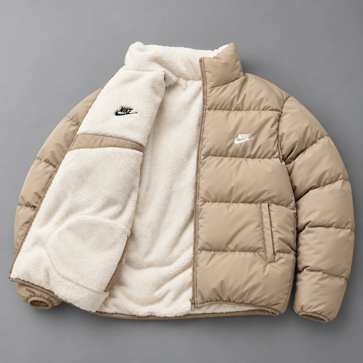Reversible Sherpa Puffer Jacket – Khaki