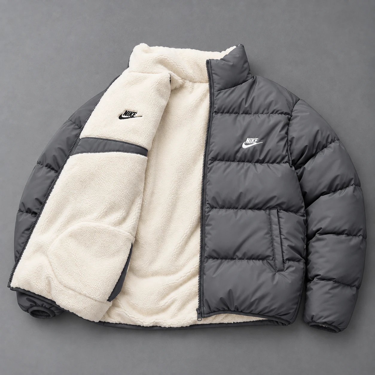 Reversible Sherpa Puffer Jacket – Charcoal Grey