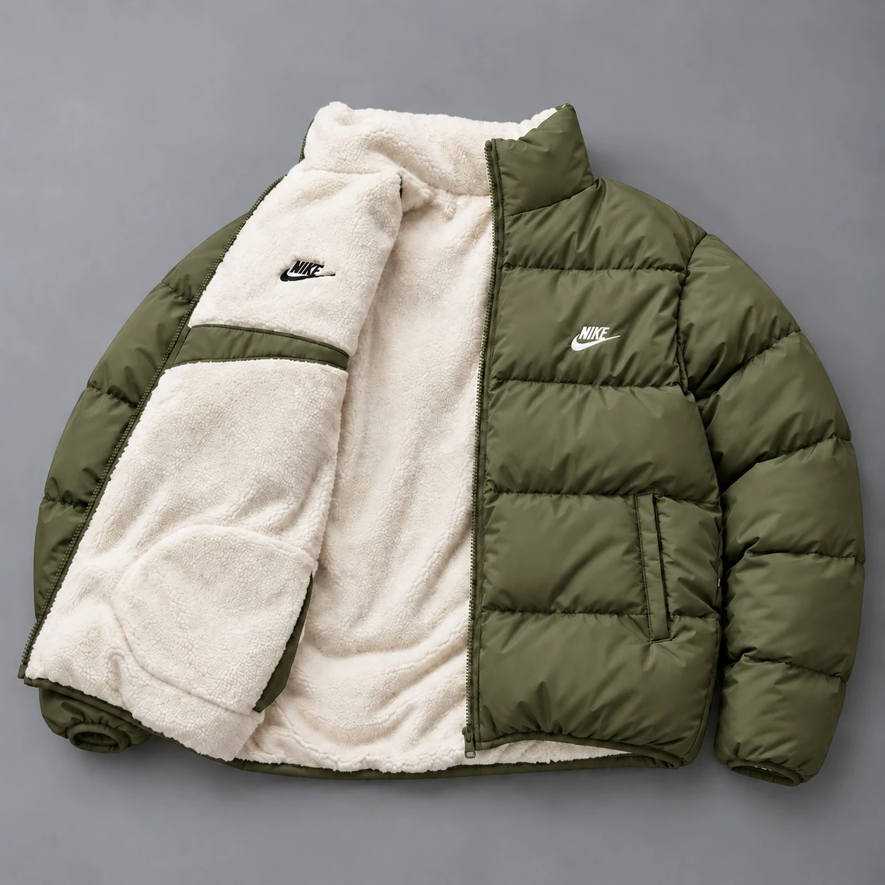 Reversible Sherpa Puffer Jacket – Olive Green