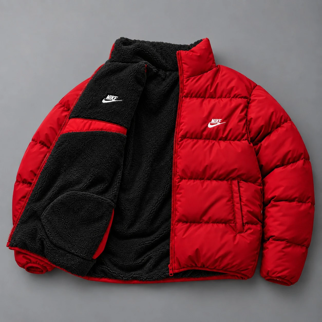 Reversible Sherpa Puffer Jacket – Red Black
