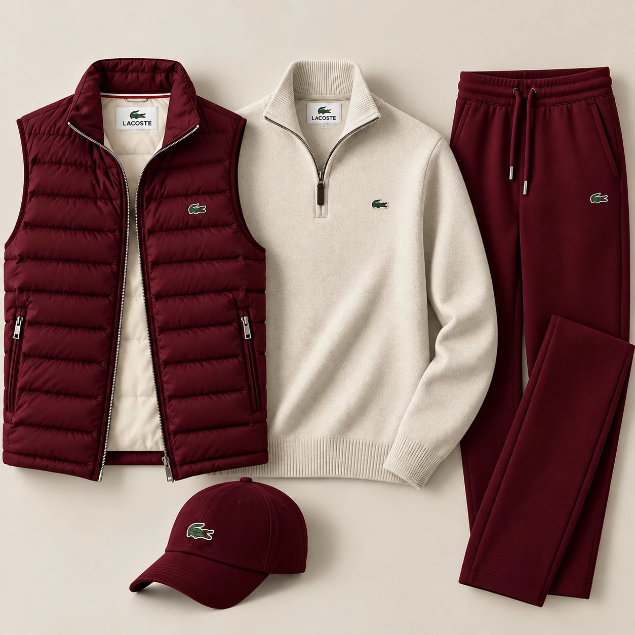 4-Piece Puffer Vest & Knit Tracksuit Set – Burgundy