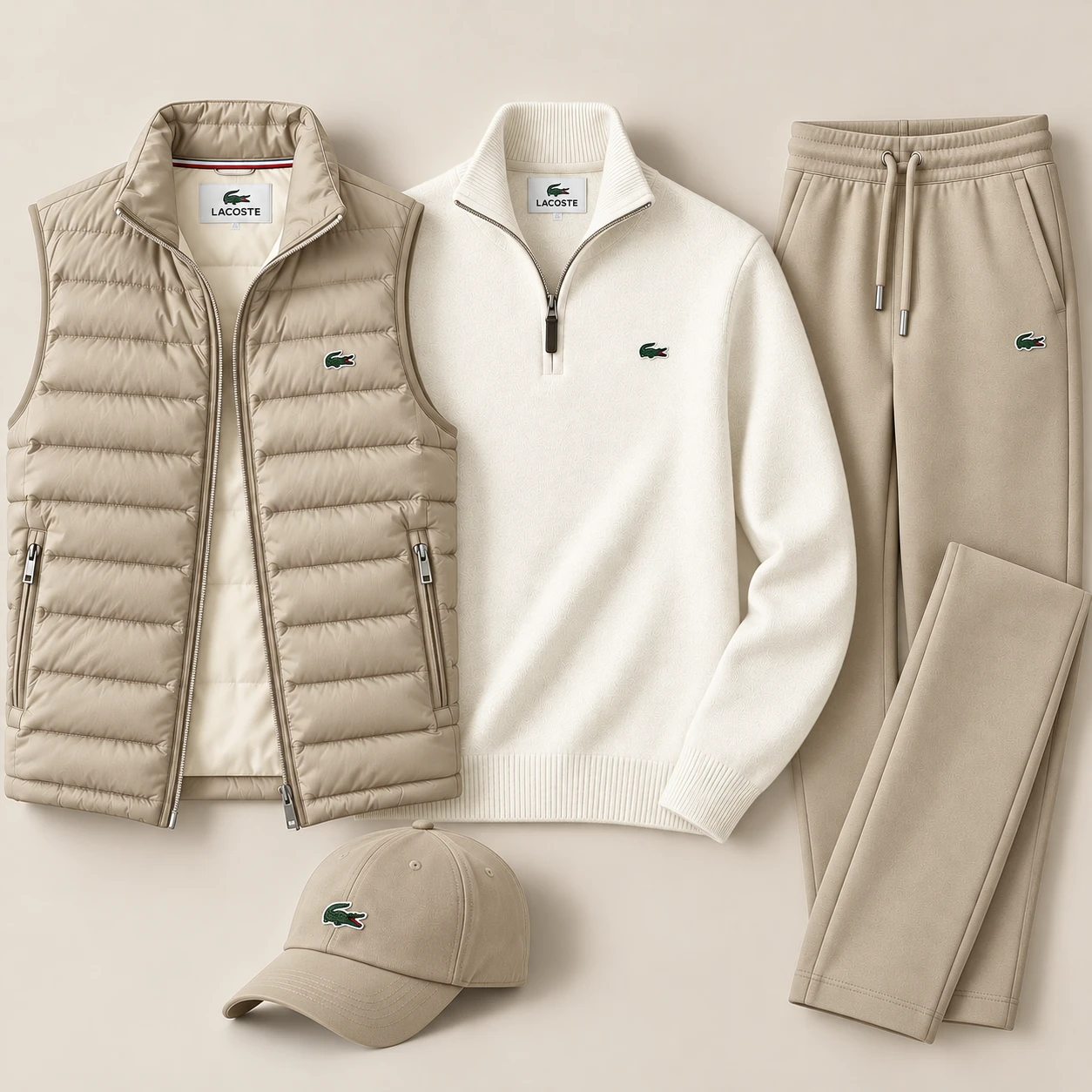 4-Piece Puffer Vest & Knit Tracksuit Set – Beige
