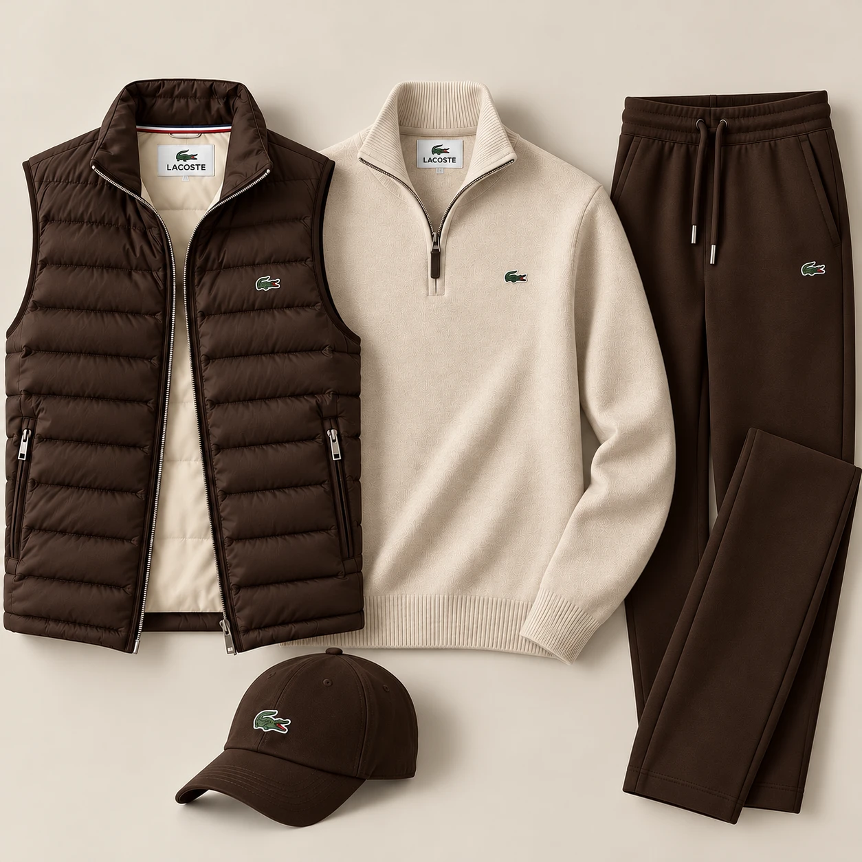 4-Piece Puffer Vest & Knit Tracksuit Set – Chocolate Brown