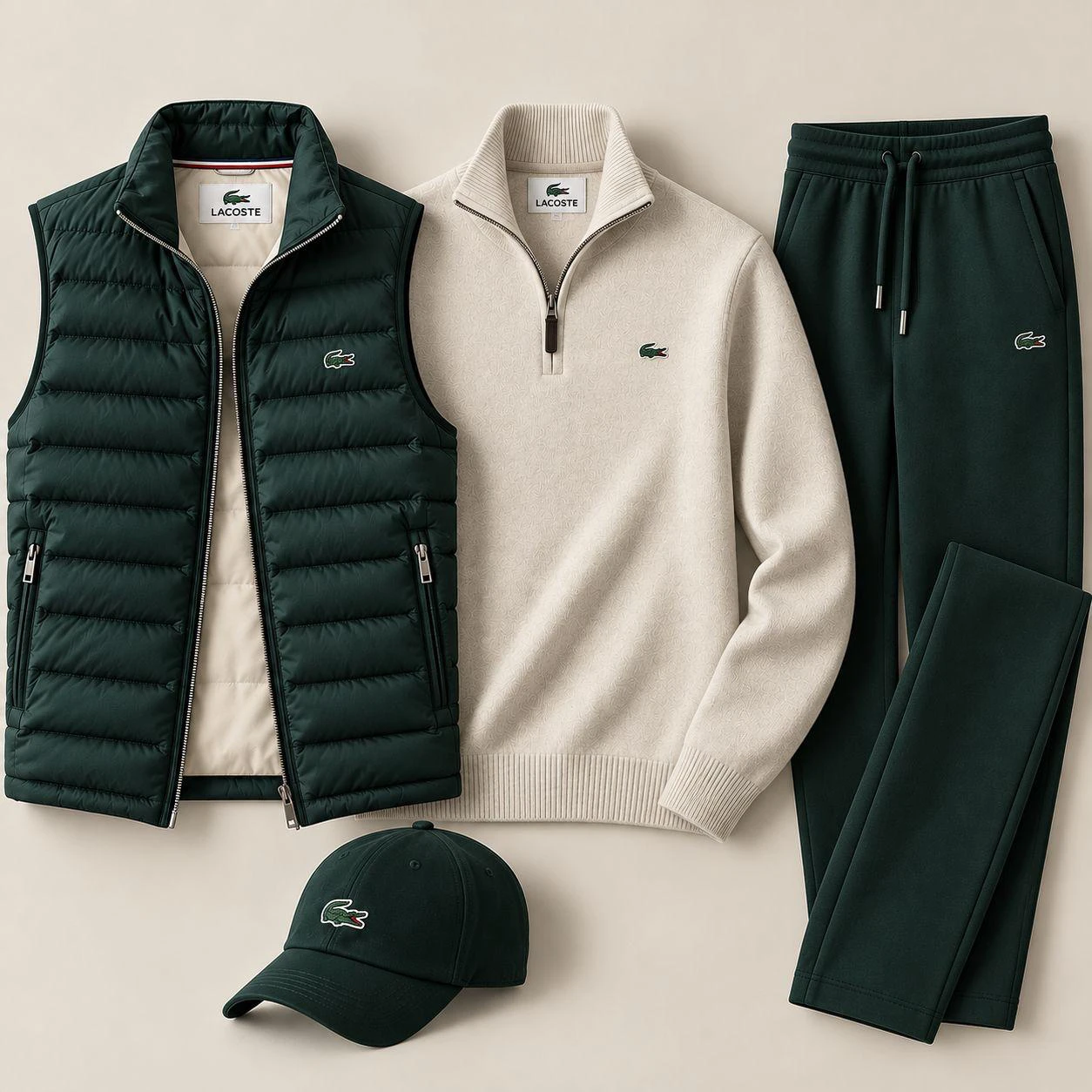 4-Piece Puffer Vest & Knit Tracksuit Set – Forest Green