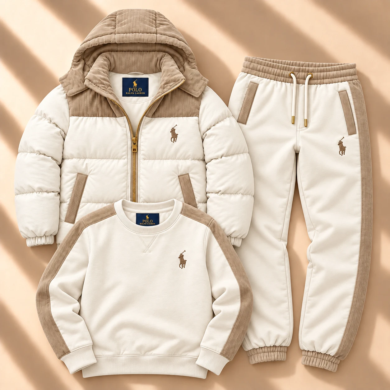 Premium 3-Piece Puffer Jacket & Tracksuit Set – Cream