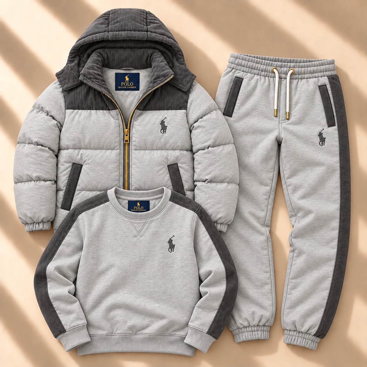 Premium 3-Piece Puffer Jacket & Tracksuit Set – Heather Grey