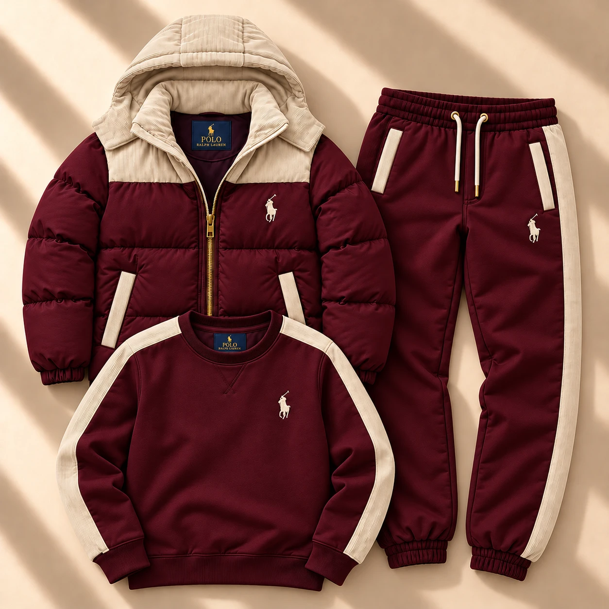 Premium 3-Piece Puffer Jacket & Tracksuit Set – Burgundy