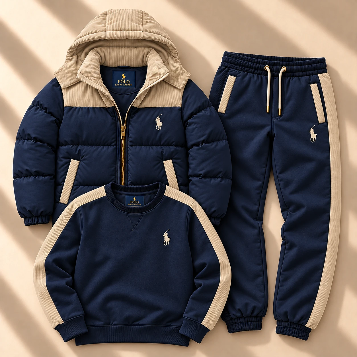 Premium 3-Piece Puffer Jacket & Tracksuit Set – Navy