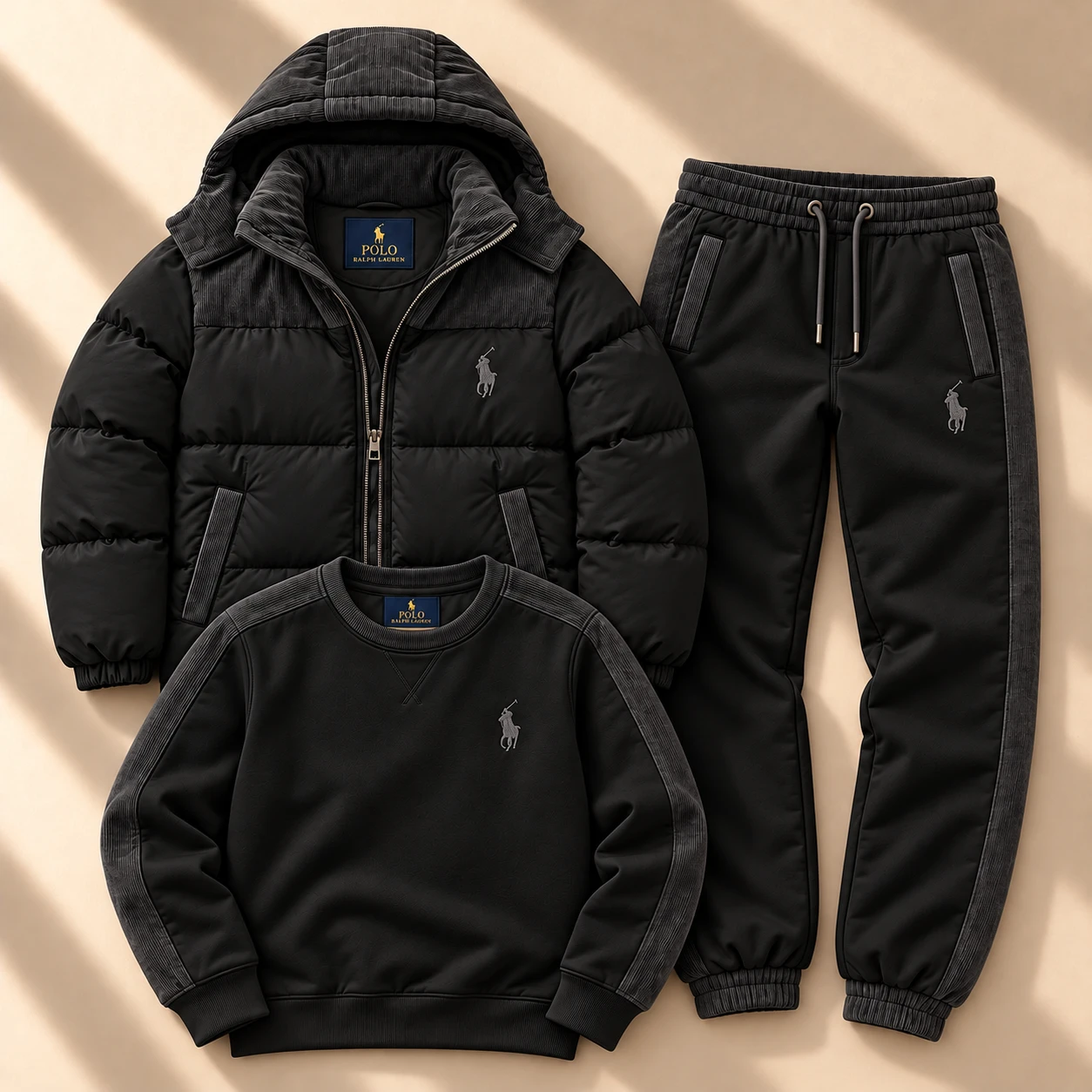 Premium 3-Piece Puffer Jacket & Tracksuit Set – Black