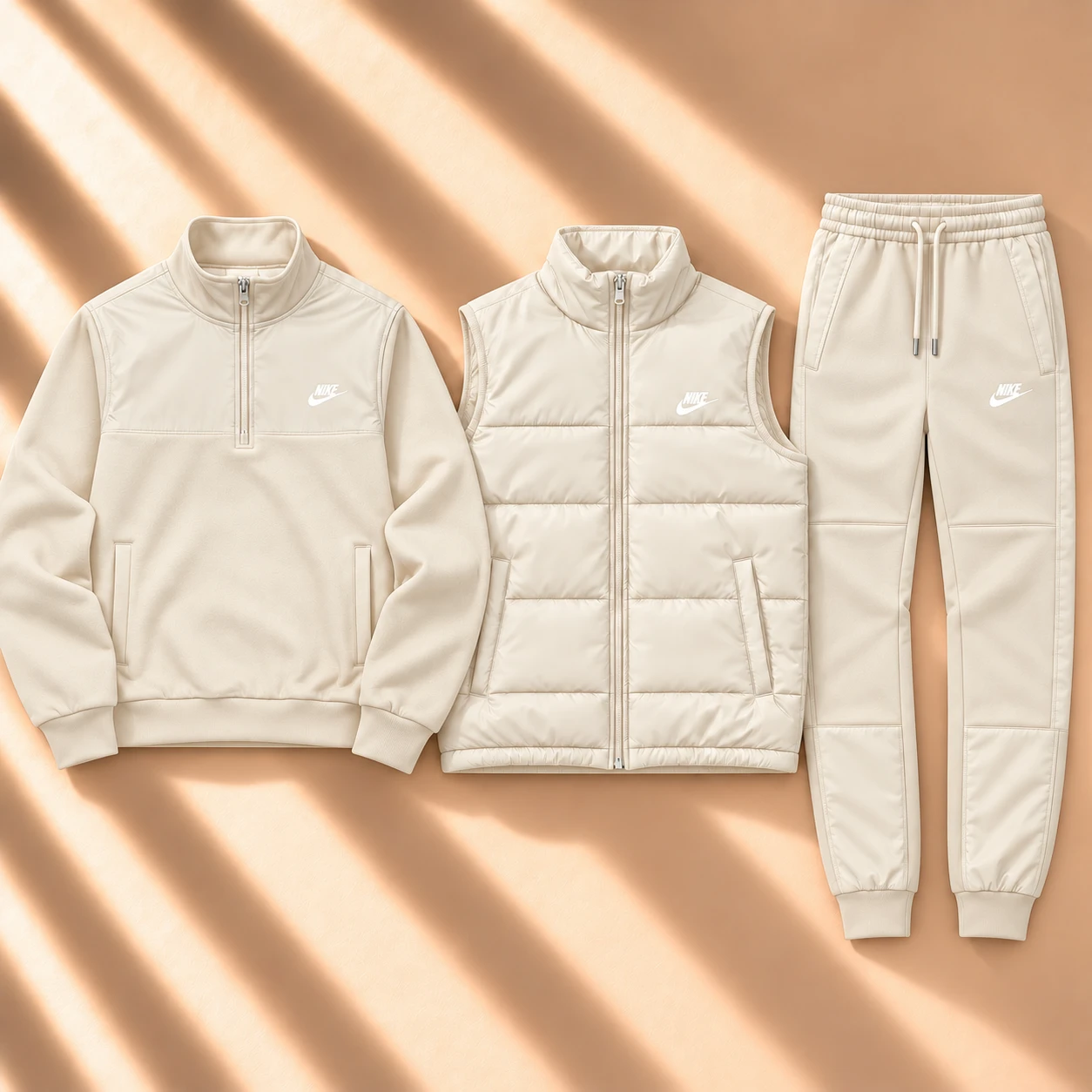 Premium 3-Piece Puffer Vest & Half-Zip Tracksuit Set – Cream