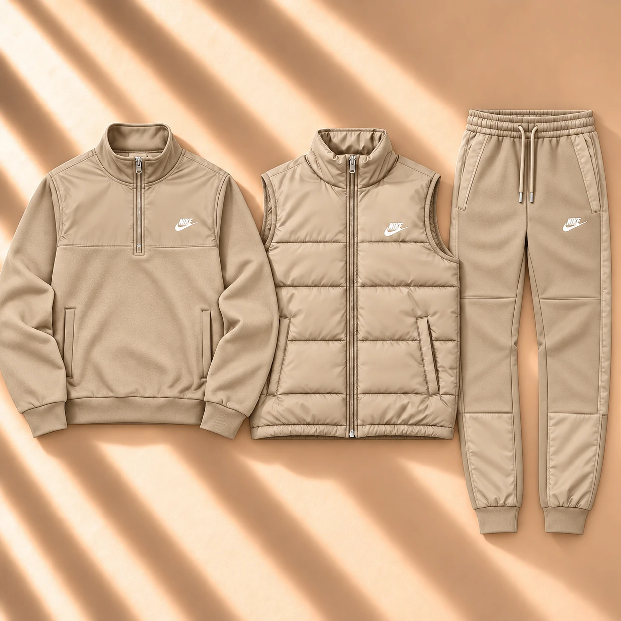 Premium 3-Piece Puffer Vest & Half-Zip Tracksuit Set – Khaki