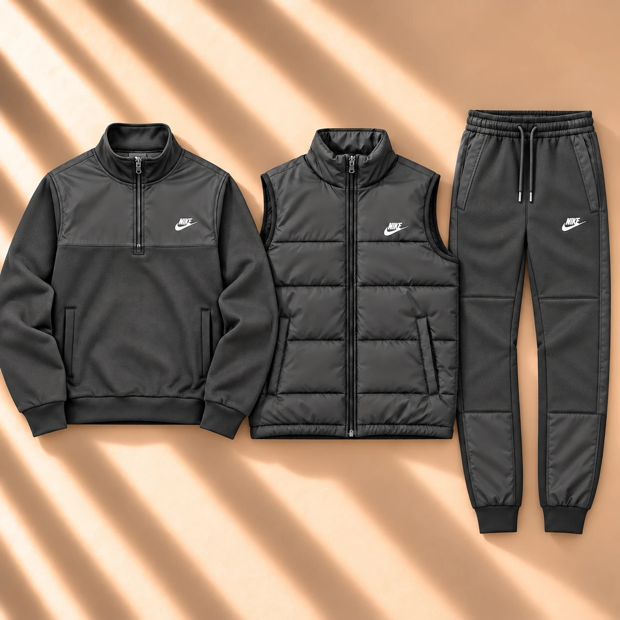 Premium 3-Piece Puffer Vest & Half-Zip Tracksuit Set – Charcoal Grey