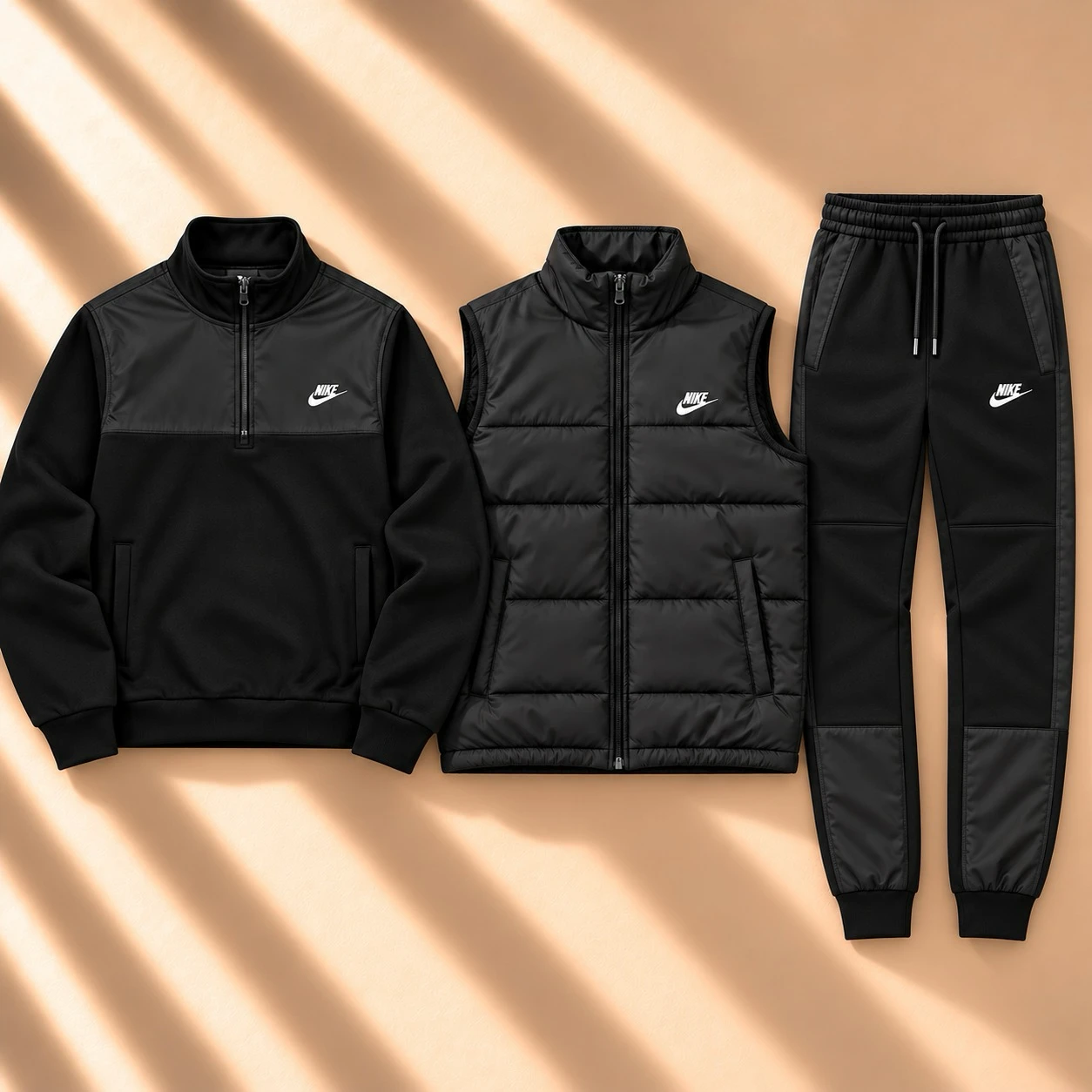 Premium 3-Piece Puffer Vest & Half-Zip Tracksuit Set – Black