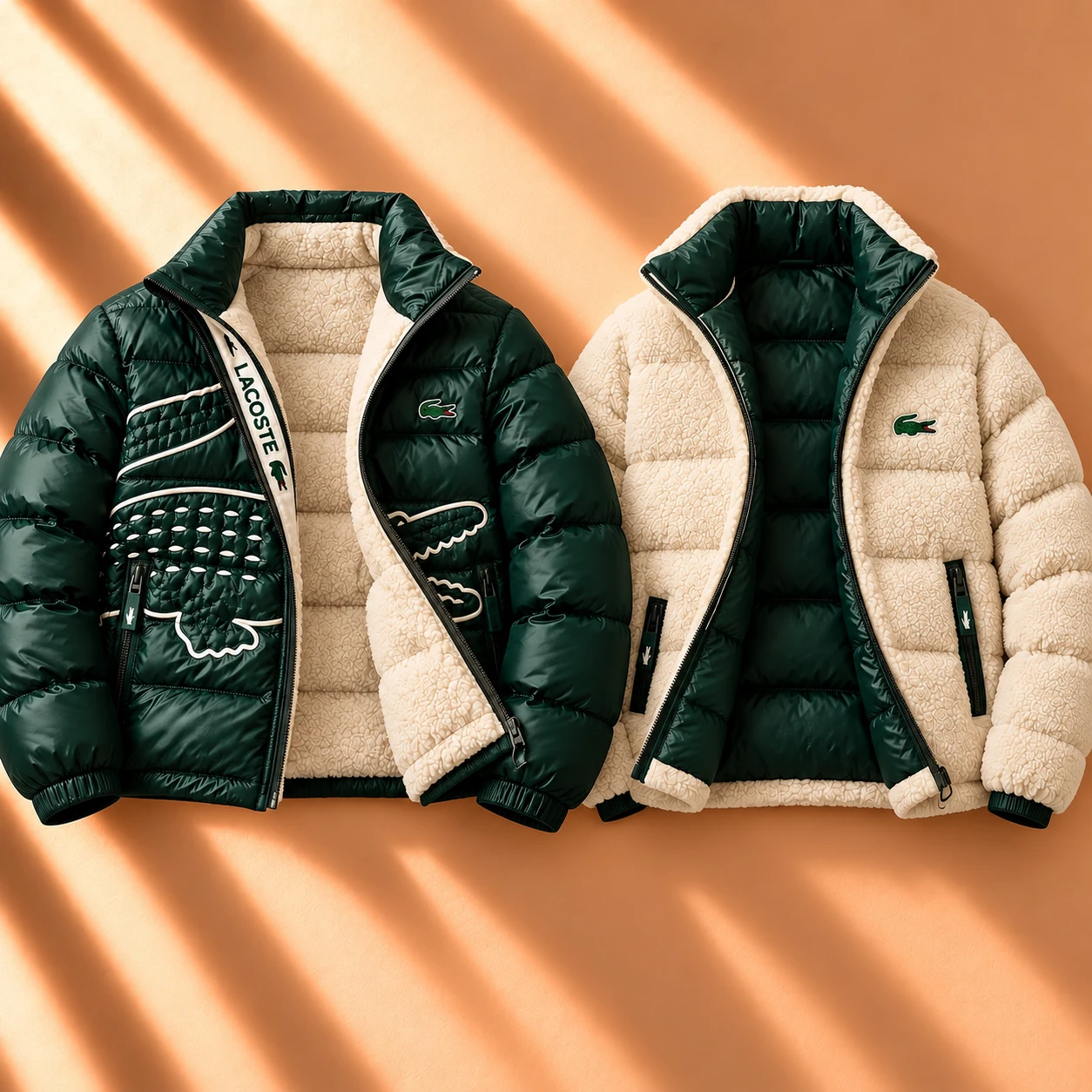 Premium Reversible Glossy Puffer & Sherpa Jacket – Racing Green Cream
