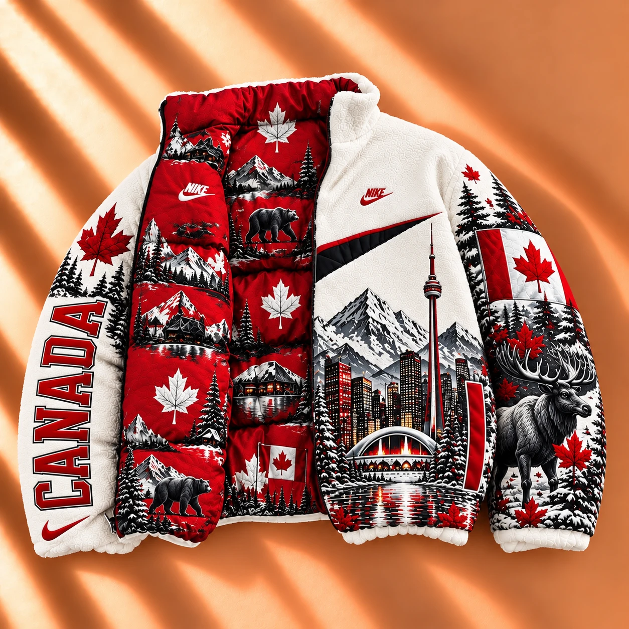 Premium Reversible World Heritage Sherpa & Puffer Jacket – Red Maple Leaf