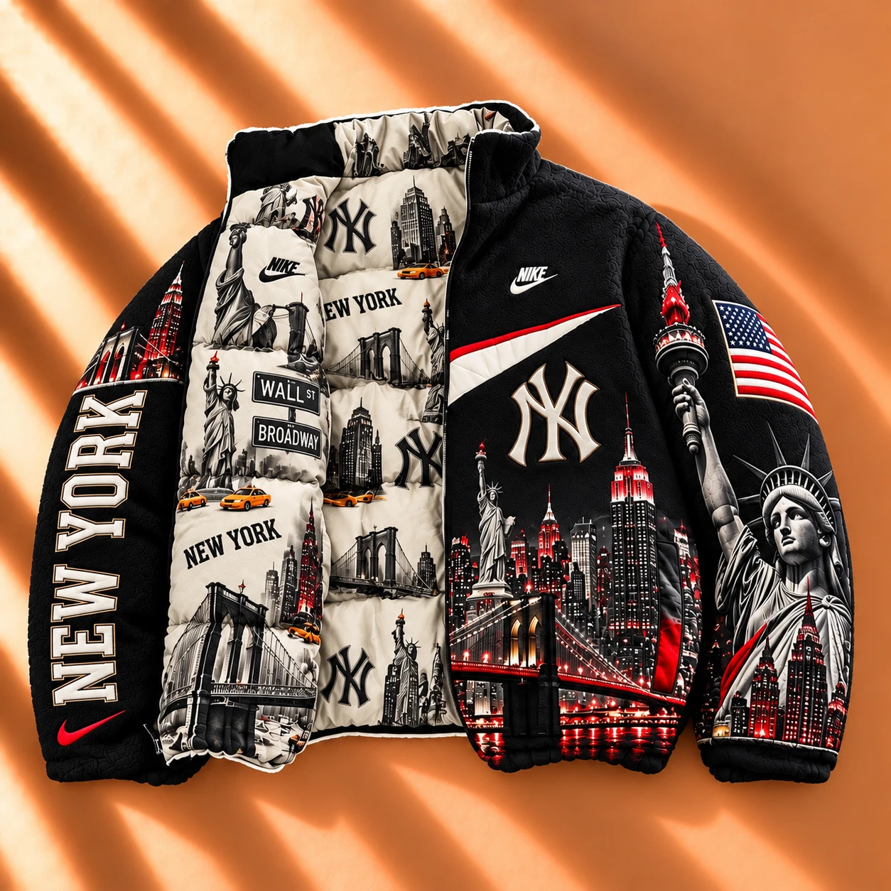 Premium Reversible World Heritage Sherpa & Puffer Jacket – Black City Skyline