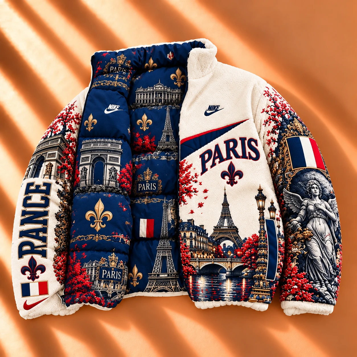 Premium Reversible World Heritage Sherpa & Puffer Jacket – Blue Fleur Floral