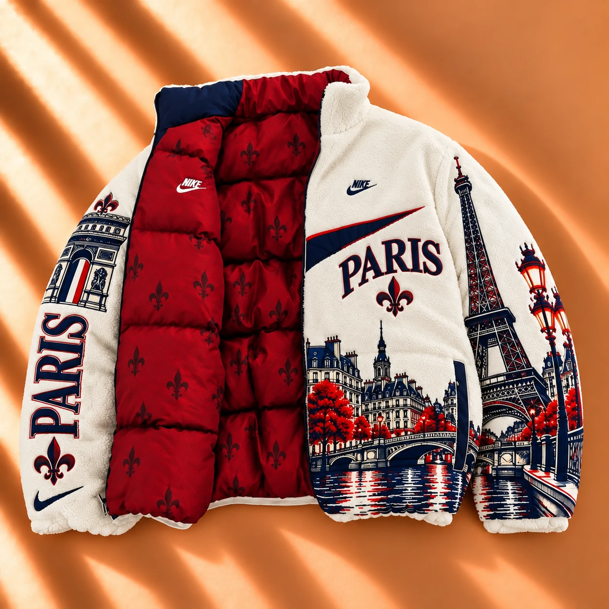 Premium Reversible World Heritage Sherpa & Puffer Jacket – Red Fleur Lantern